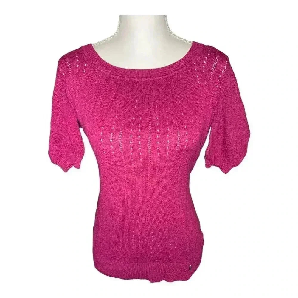 DKNY Women’s Medium Lightweight Knit Magenta Tie Back‎ Scoop Neck Sweater